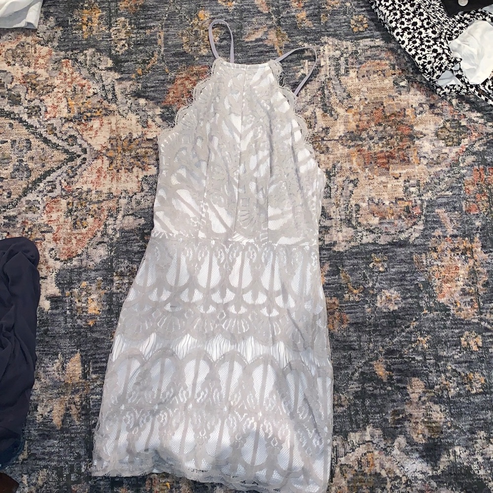 Tobi grey and white lace tight dress, open back size XS